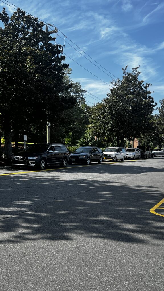 Several station wagons sit in a line parked at a car meet.