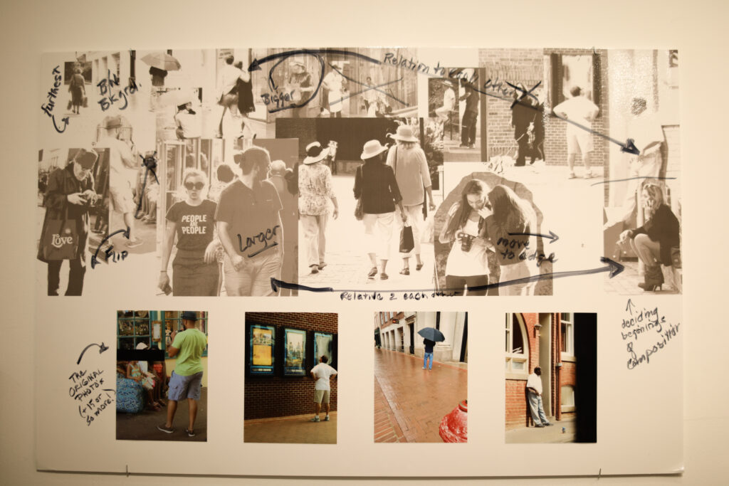 Jill Kerttula’s design board for “Mall Activity”, a cloth piece comprised of street photos of people on the Downtown Mall.