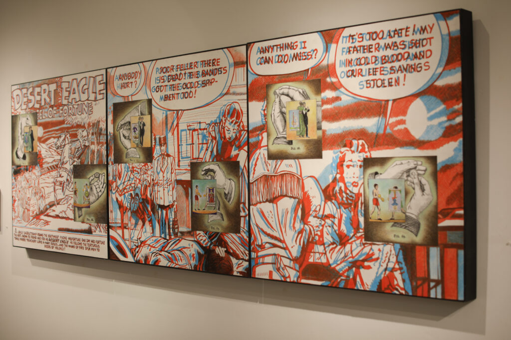 “Dhghem” by Peter Allen, a collage work featuring comic panels in a style akin to that meant to be looked at with 3d glasses.