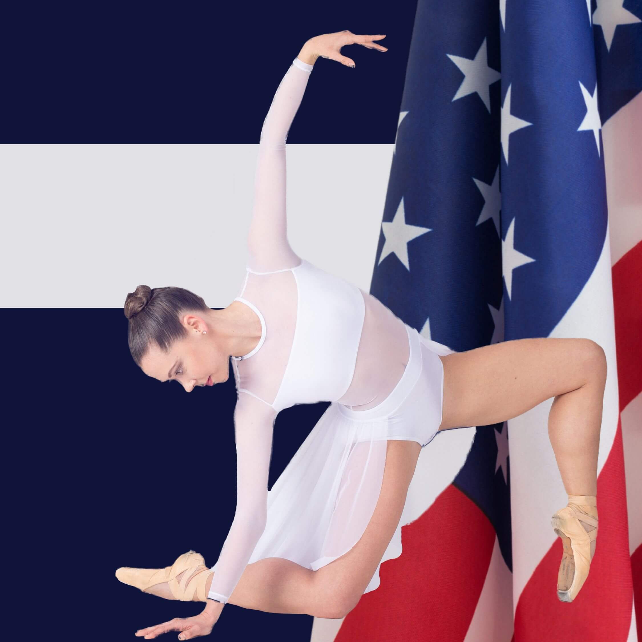 A young ballerina in white posing with an American flag behind her.