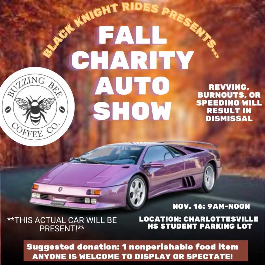 The flier for the CHS Fall Charity Auto Show, featuring a purple Lamborghini Diablo SE30.