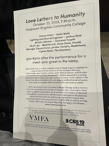 The back of PVCC's "Love Letters to Humanity" flier with information such as the background of the play and a list of the actors performing.